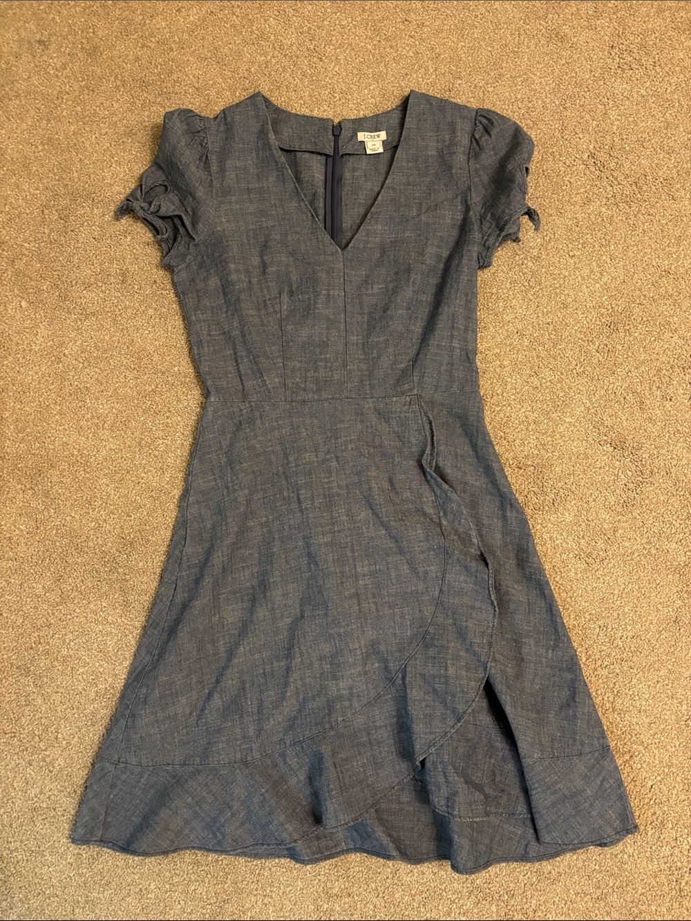 J. Crew Blue Chambray Wrap-Style Midi Dress with Puff Sleeves
